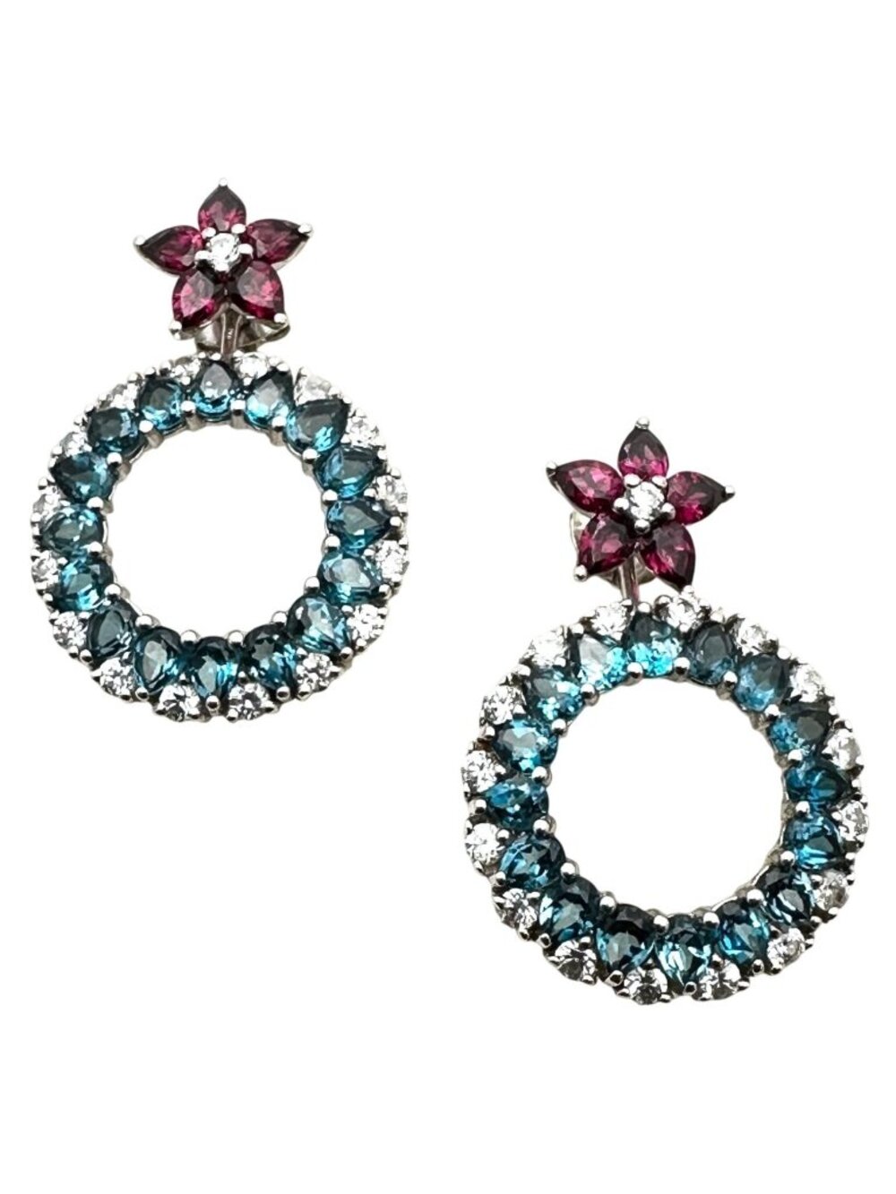 Blue Topaz Earrings Sterling Silver Garnet Spinel Pierced Chandelier